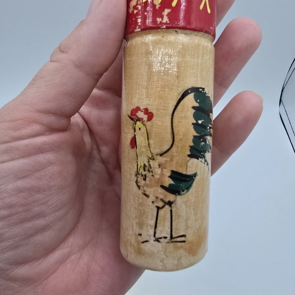 Vintage Salt & Pepper Shakers Red Yellow Wood Cylindrical with Chicken Design